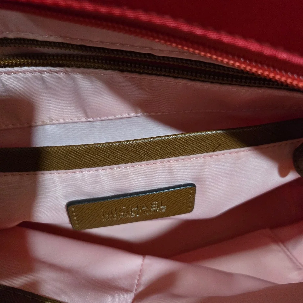 Michael Kors Polly Tote Bag Watermelon Coral Red Nylon Tan Leather Trim